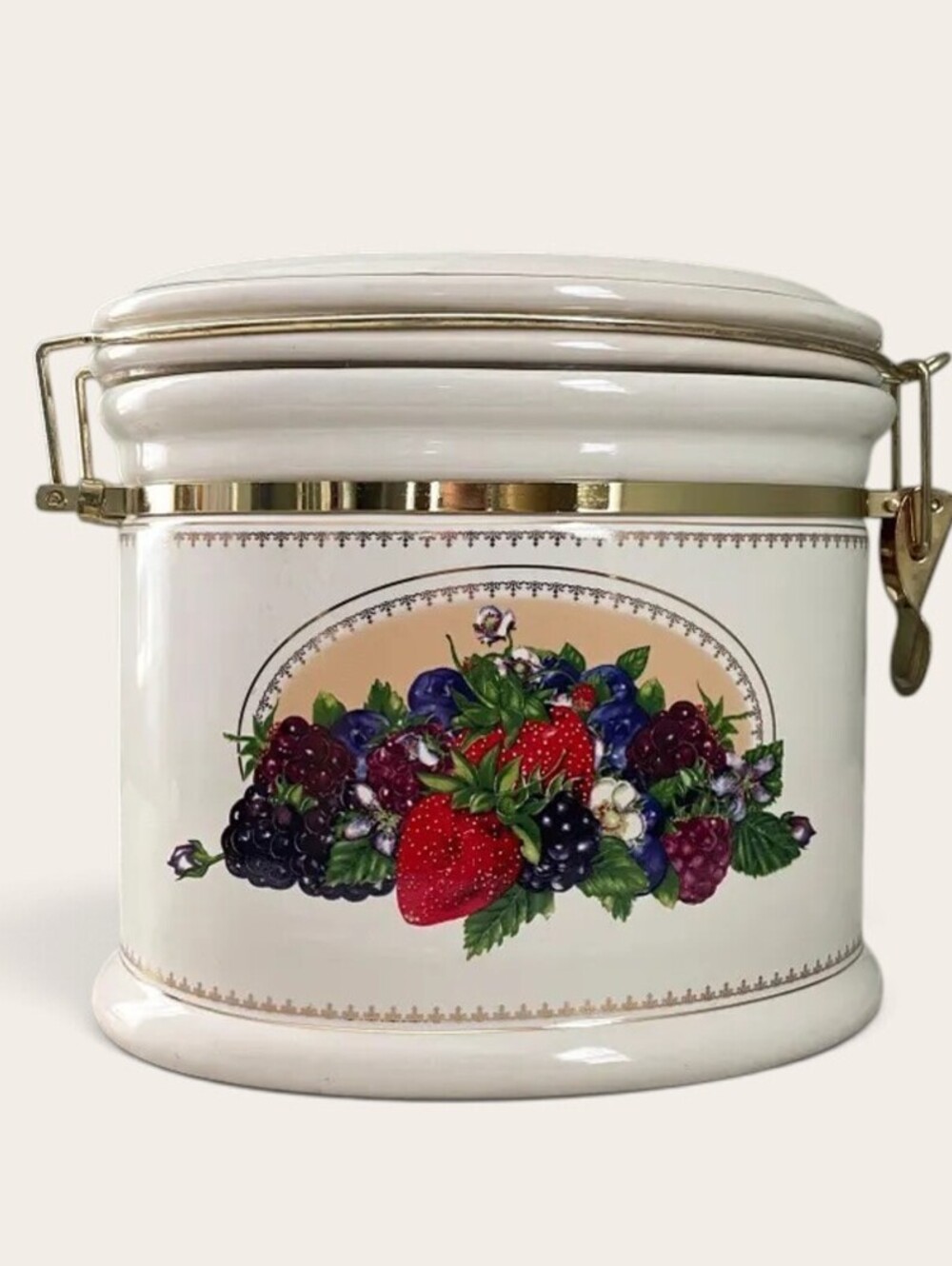 Vintage Knott's Berry Farm Ceramic Oval Canister | Berry Fruit Motif